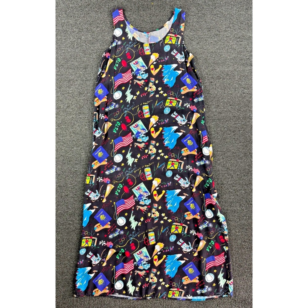 Vintage 90s Novelty Print Maxi Dress USA Pop Art Tie Waist‎ Sleeveless M